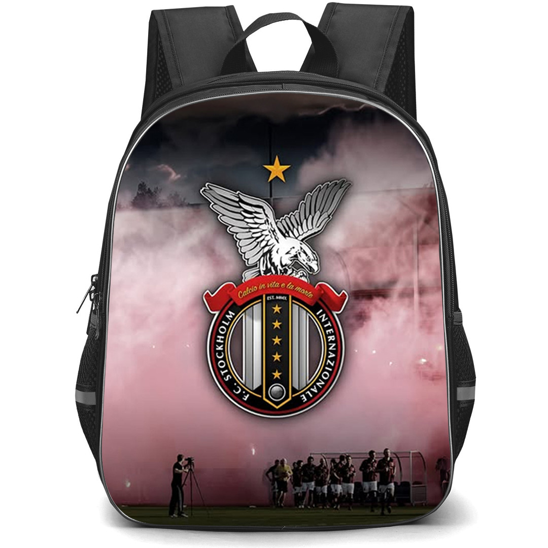 FC Stockholm Internazionale Backpack School Bag StudentPack - FC Stockholm Internazionale Logo On Smoke Flares Background Football Club