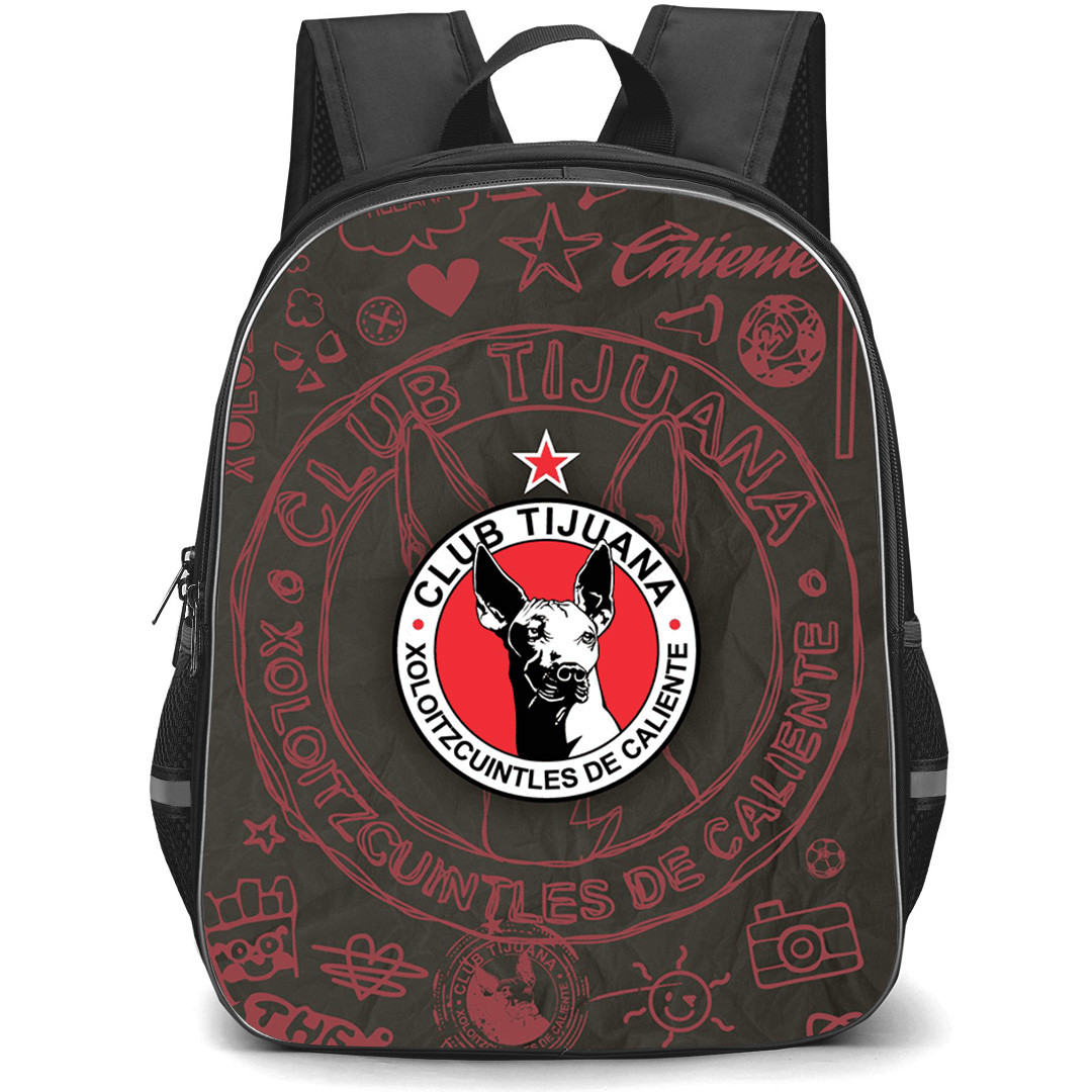 Club Tijuana Xoloitzcuintles de Caliente Backpack School Bag StudentPack - Club Tijuana Xoloitzcuintles de Caliente Logo with Sketch Style Background Red Effect