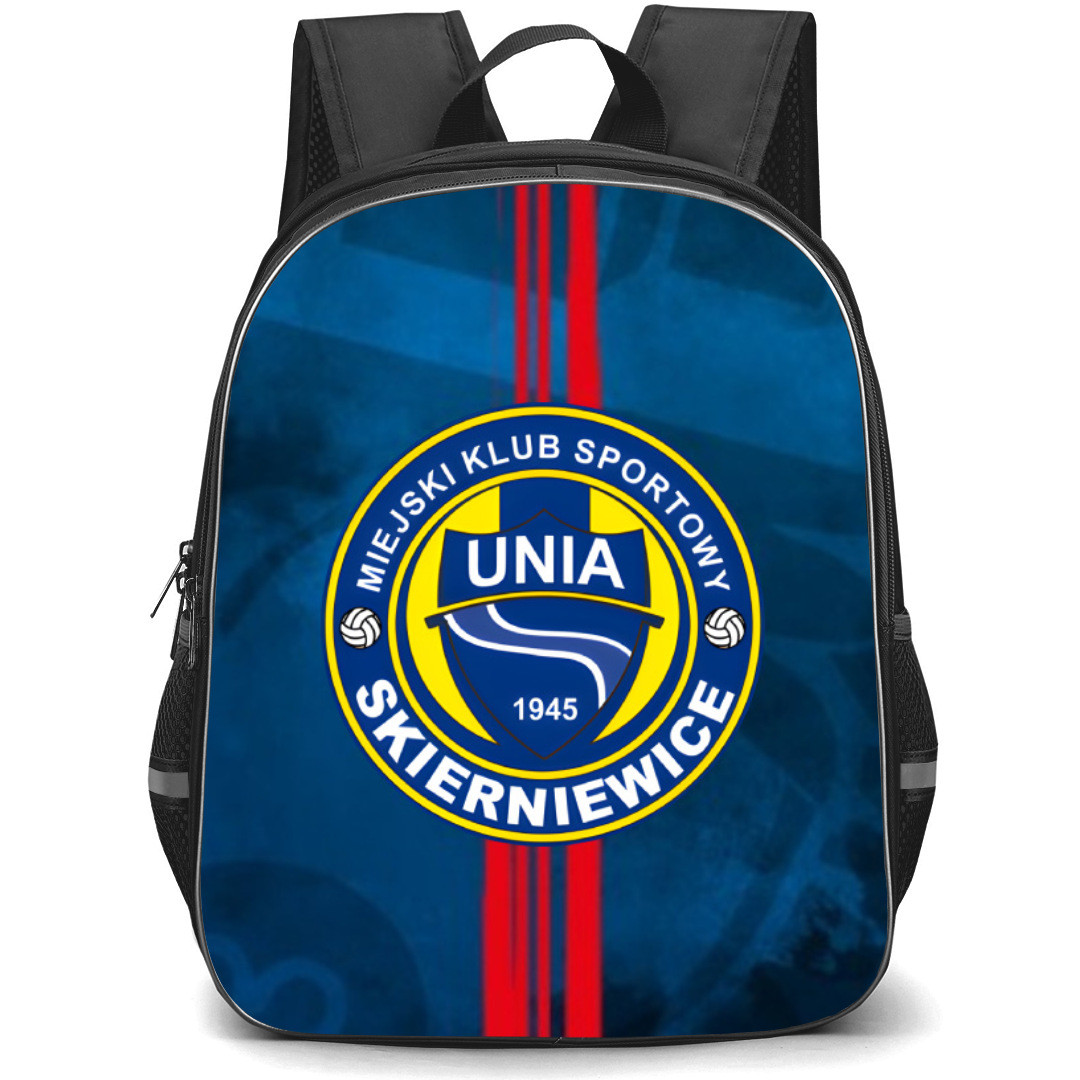 Unia Skierniewice Backpack School Bag StudentPack - Logo In Red And Blue Abstract B'ackground