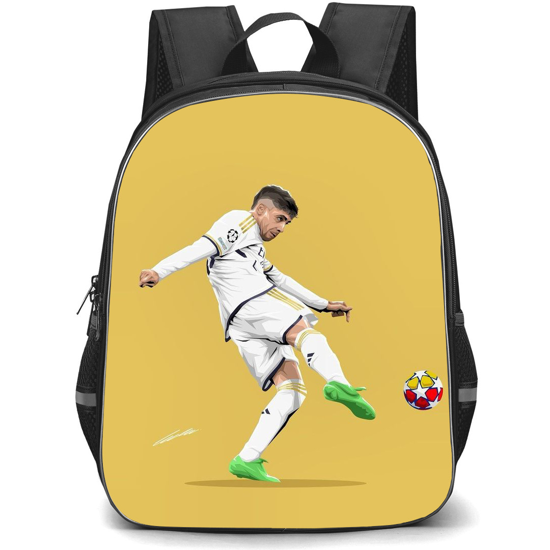 Federico Valverde Backpack StudentPack - Federico Valverde Real Madrid Kicking Illustration Art On Yellow Background