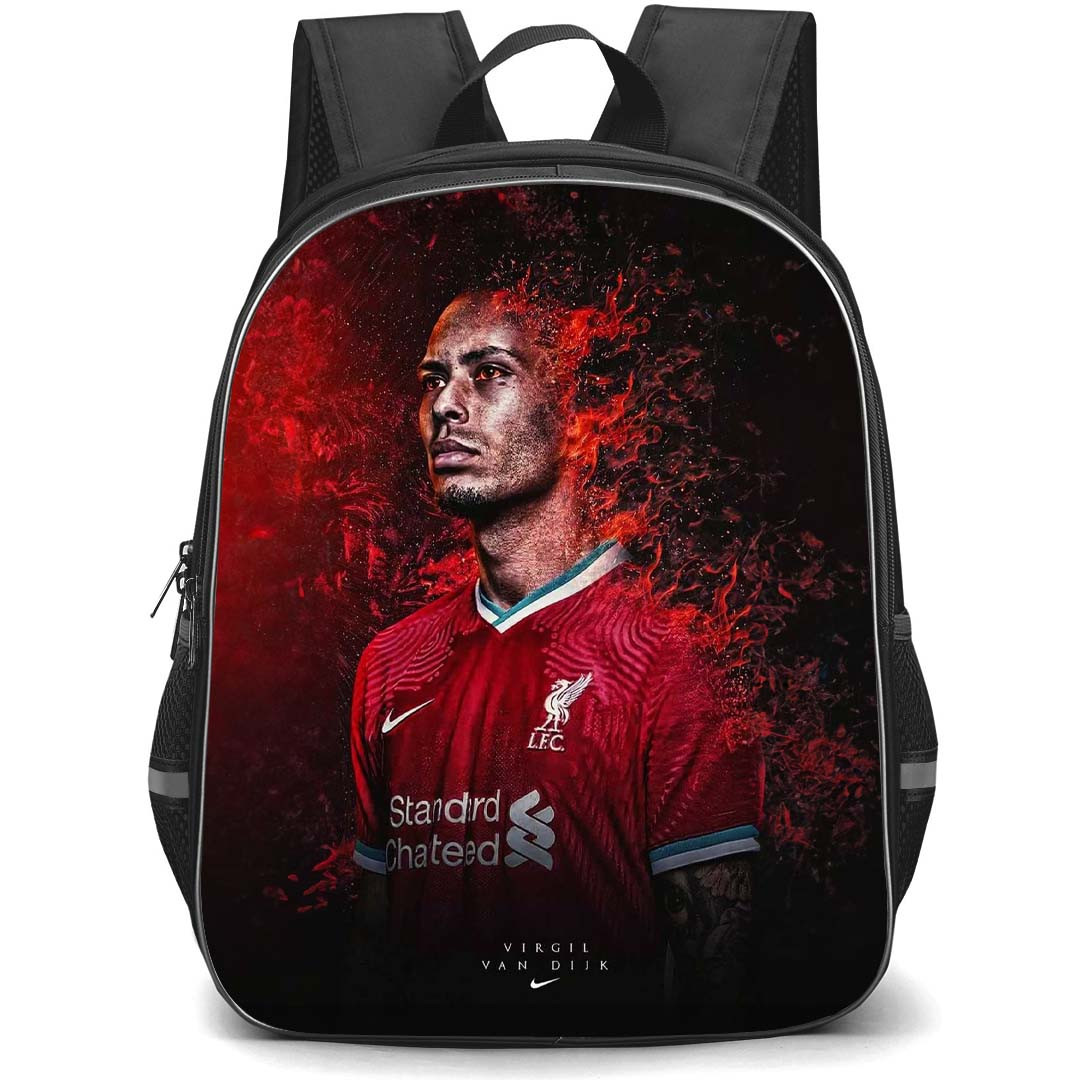 Virgil Van Dijk Backpack StudentPack - Virgil Van Dijk Liverpool F.C. Fire Graphic Art Portrait