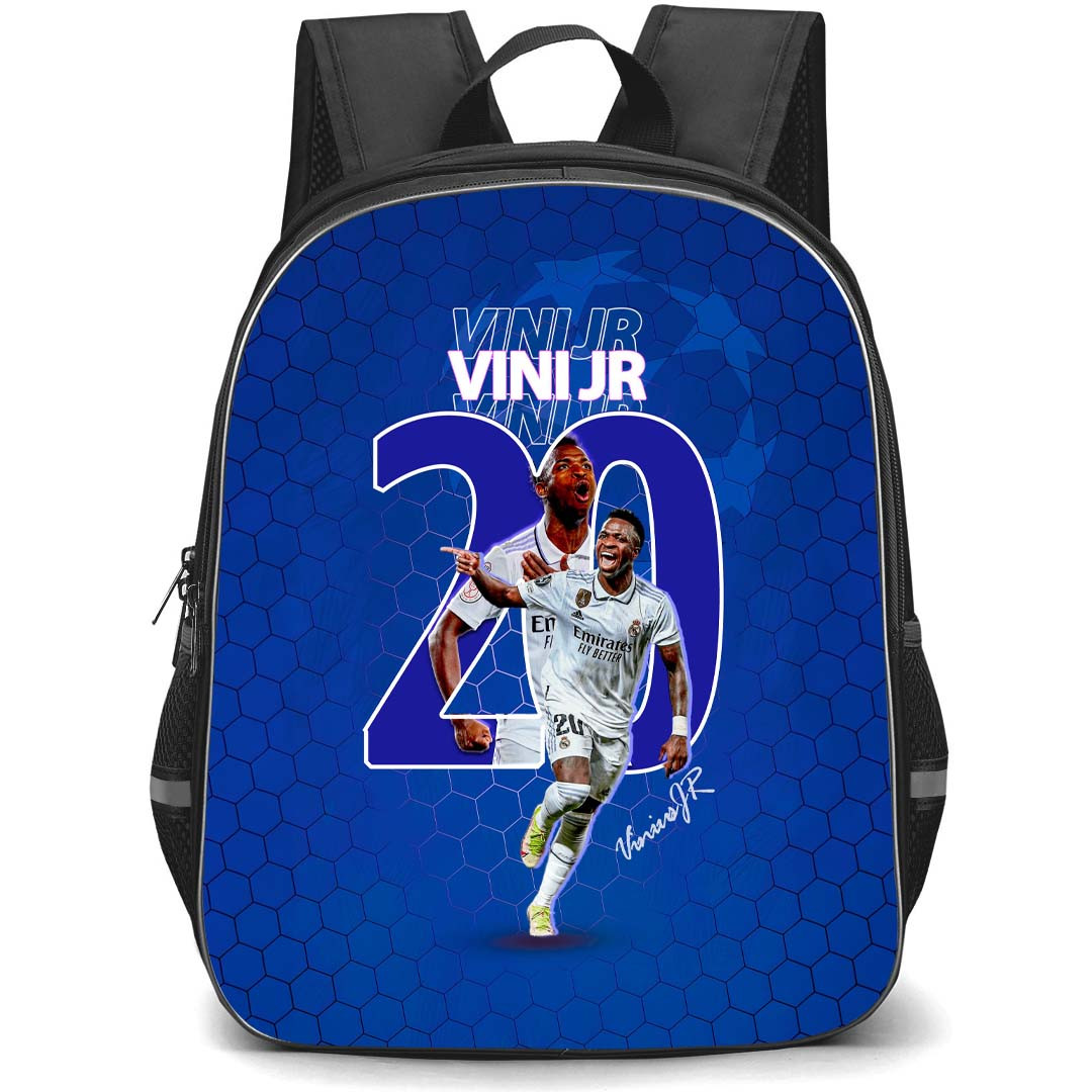 Vini Jr. Backpack StudentPack - Vini Jr. 20 Real Madrid CF Celebration On Blue Hexagon Background
