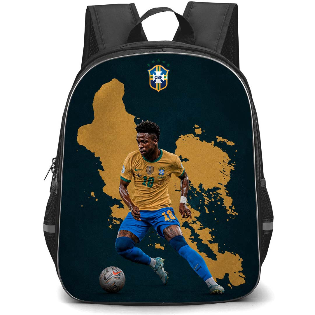 Vinicius Junior Backpack School Bag StudentPack - Vinicius Junior Jersey Number 10 Brazil National Football Team Dribbling On Minimalist Map Background