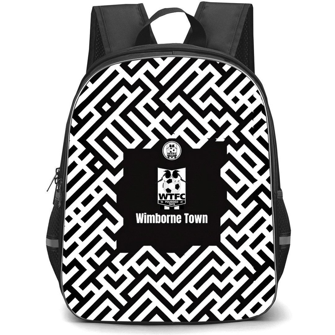 Wimborne Town Football Club Backpack School Bag StudentPack - Wimborne Town Football Club with Logo Geometric Stripe Black and White Effect