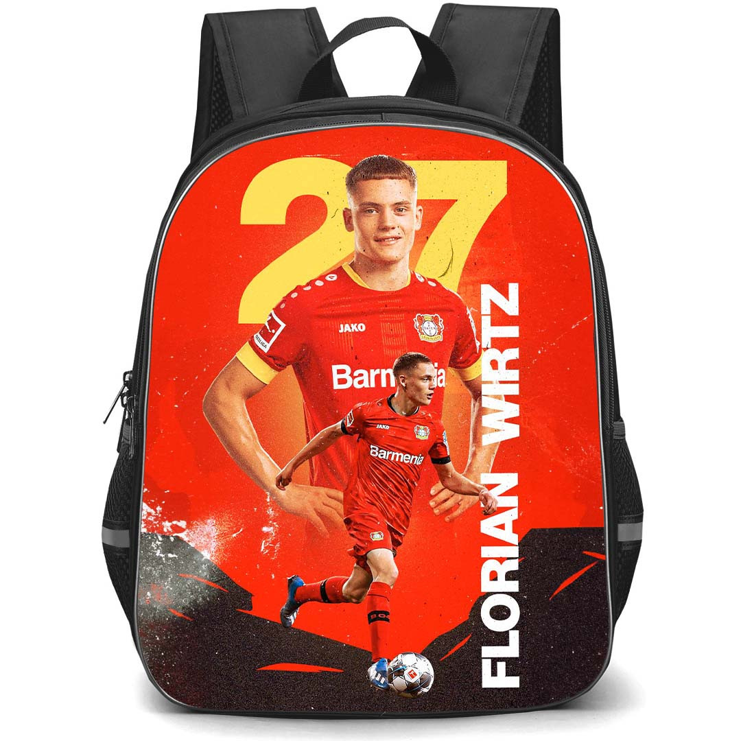 Florian Wirtz School Backpack StudentPack - Bayer 04 Leverkusen Florian Wirtz Dribbling On Red Graphic Art Background