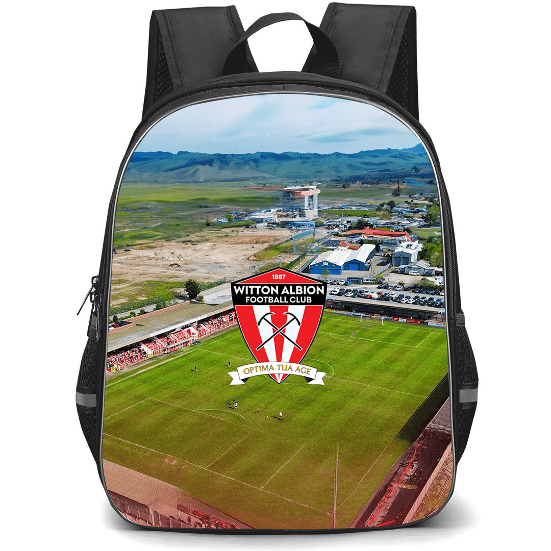 Witton Albion Football Club Backpack School Bag StudentPack - Witton Albion Football Club with Logo Stadium Top View Red Effect