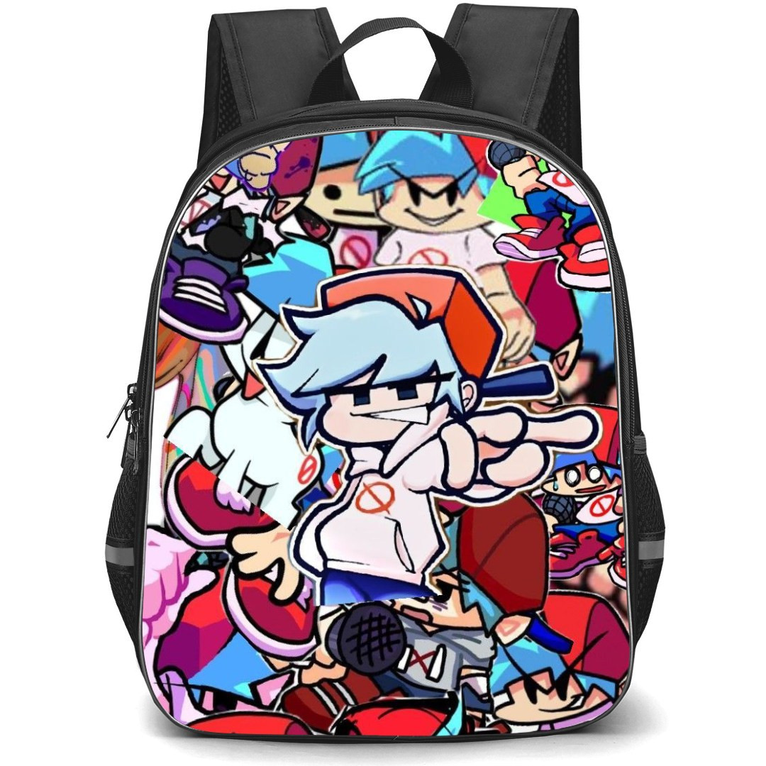 Friday Night Funkin Boyfriend Backpack StudentPack - Boyfriend Smirk Portrait Sticker Collage Background