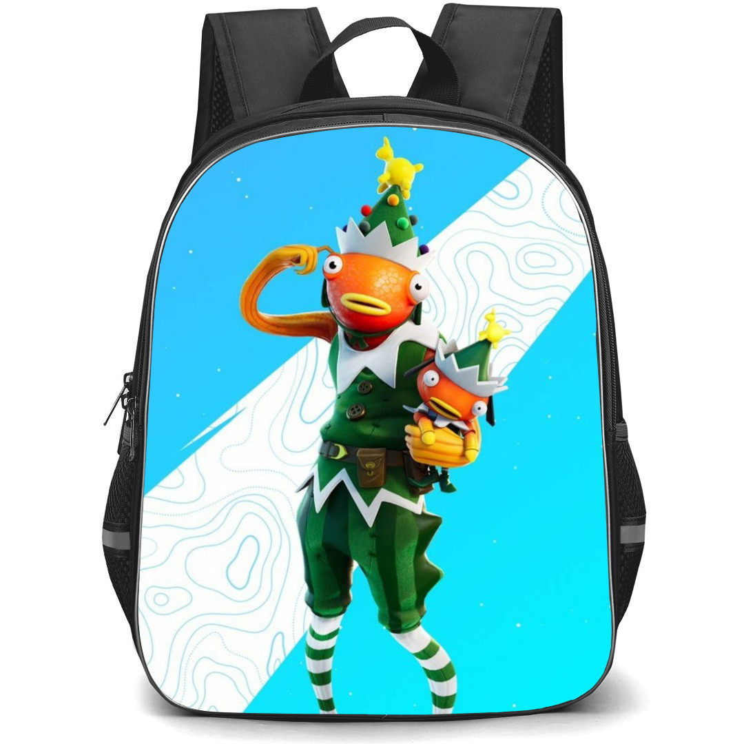 Fortnite Fishstick Backpack StudentPack - Fishstick Holding Baby Aqua Background