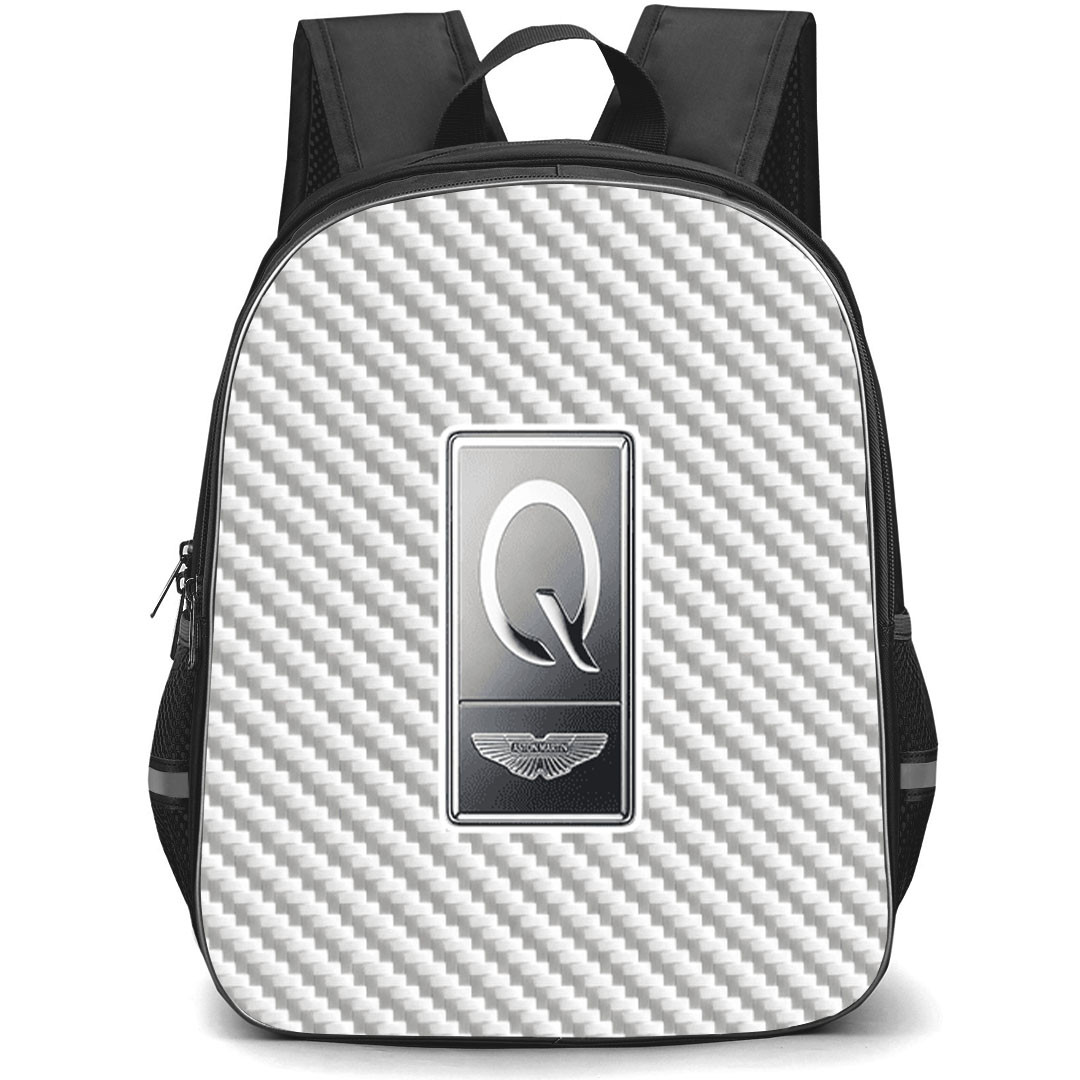 Aston Martin DB12 Goldfinger Edition Backpack School Bag StudentPack - Aston Martin DB12 Goldfinger Edition Logo On Silver Gray Carbon Fiber Background
