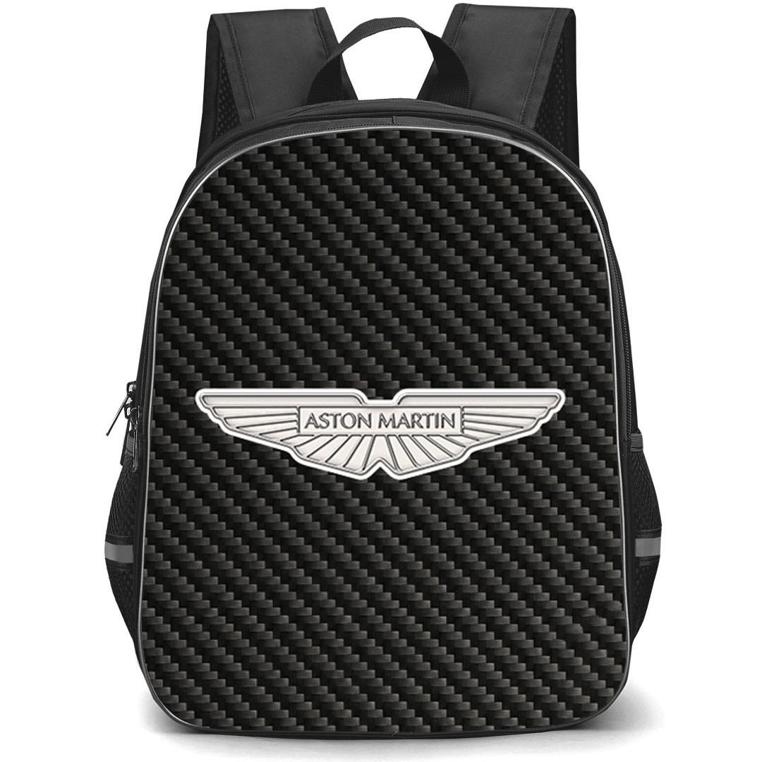 Aston Martin Backpack School Bag StudentPack - Aston Martin Logo On Traditional Black Charcoal Carbon Fiber Background