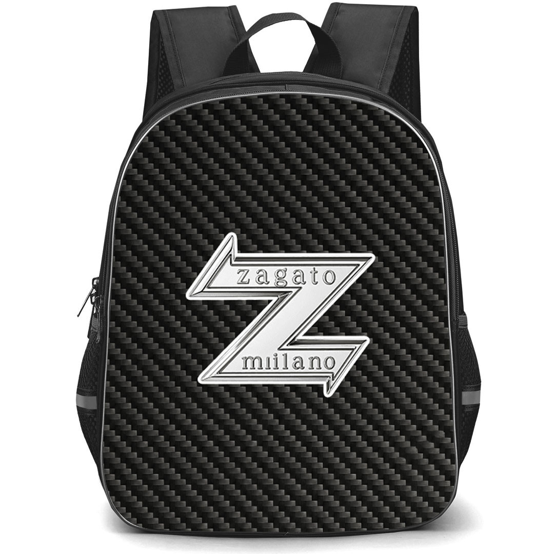 Aston Martin DB4GT Zagato Backpack School Bag StudentPack - Aston Martin DB4GT Zagato Logo On Traditional Black Charcoal Carbon Fiber Background