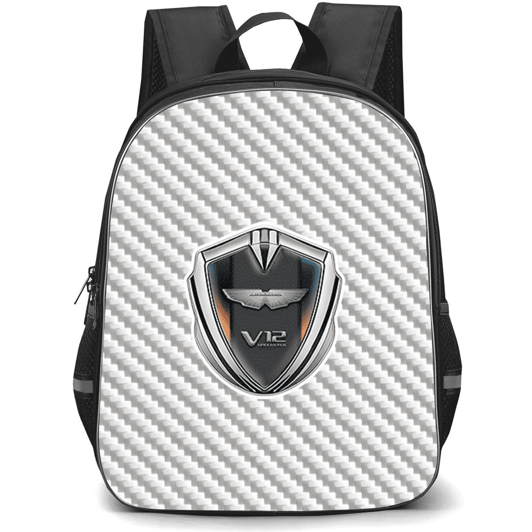 Aston Martin V12 Speedster Backpack School Bag StudentPack - Aston Martin V12 Speedster Logo On Silver Gray Carbon Fiber Background