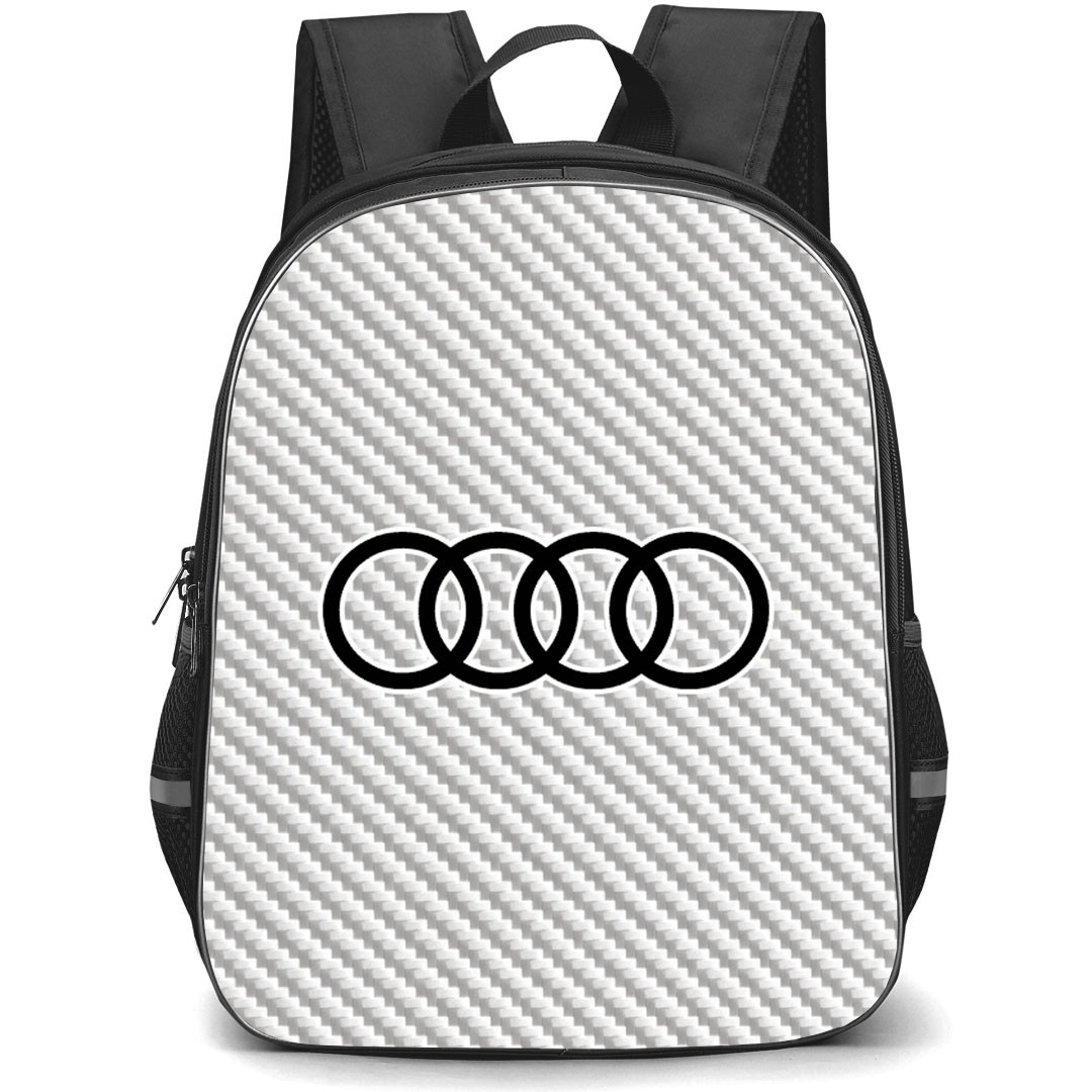 Audi Backpack School Bag StudentPack - Audi Logo On Silver Gray Carbon Fiber Background