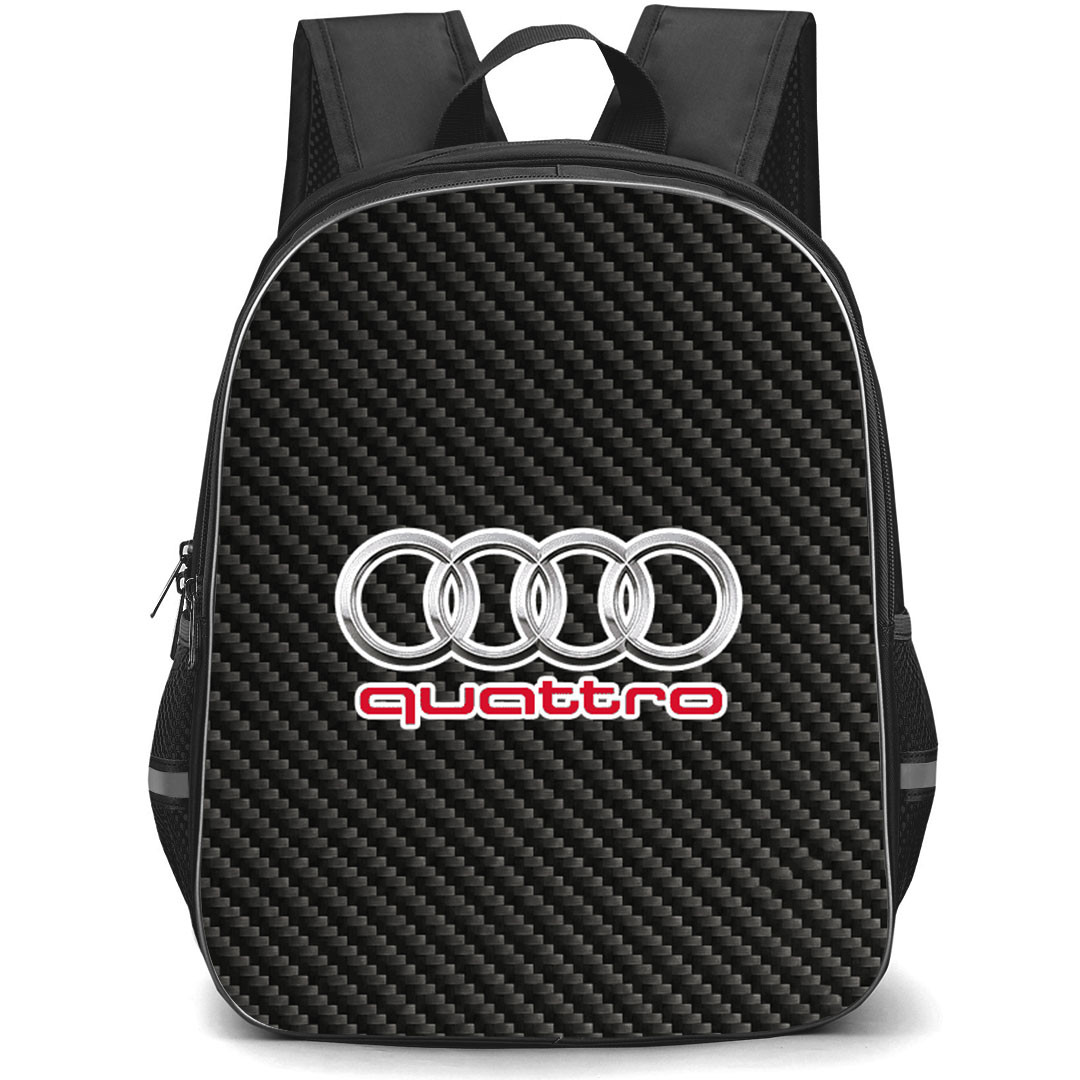 Audi Quattro Backpack School Bag StudentPack - Audi Quattro Logo On Traditional Black Charcoal Carbon Fiber Background