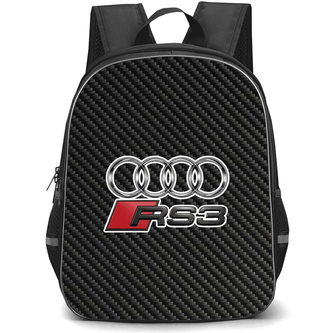 Audi RS 3 Backpack School Bag StudentPack - Audi RS 3 Logo On Traditional Black Charcoal Carbon Fiber Background