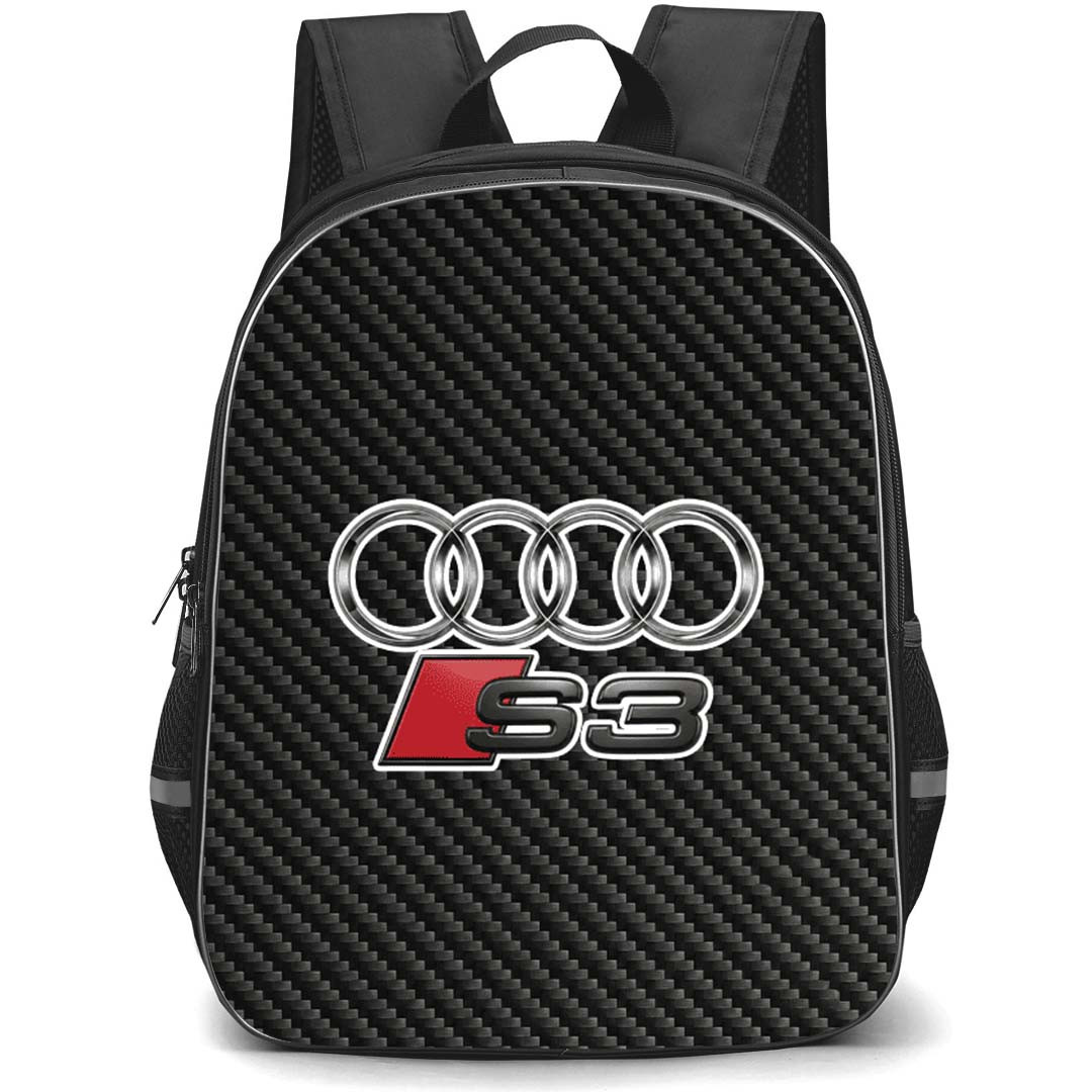 Audi S3 Backpack School Bag StudentPack - Audi S3 Logo On Traditional Black Charcoal Carbon Fiber Background