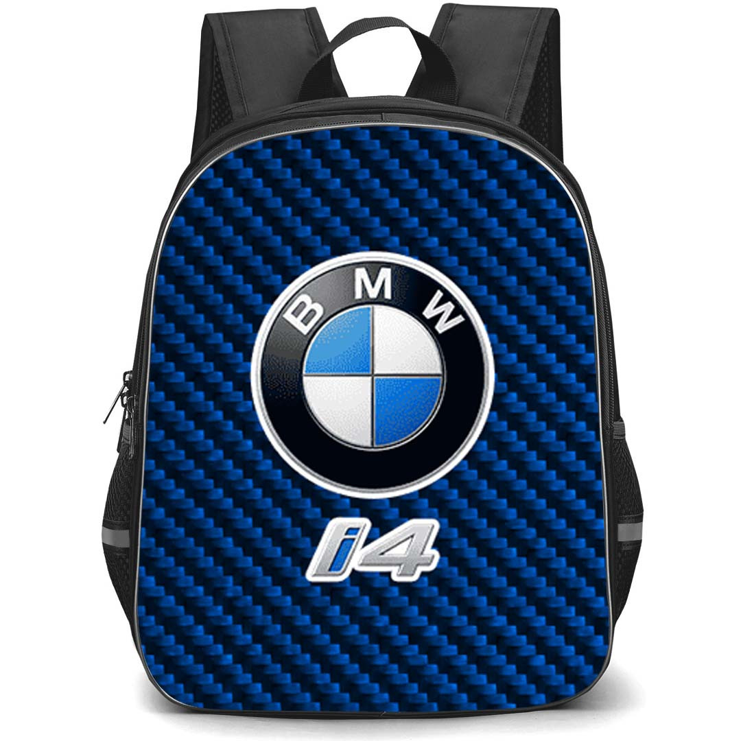 BMW i4 Backpack School Bag StudentPack - BMW i4 Logo On Blue Carbon Fiber Background