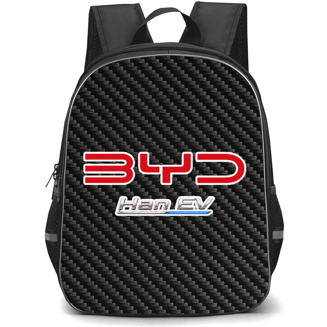 BYD Han EV Backpack School Bag StudentPack - BYD Han EV Logo On Traditional Black Charcoal Carbon Fiber Background