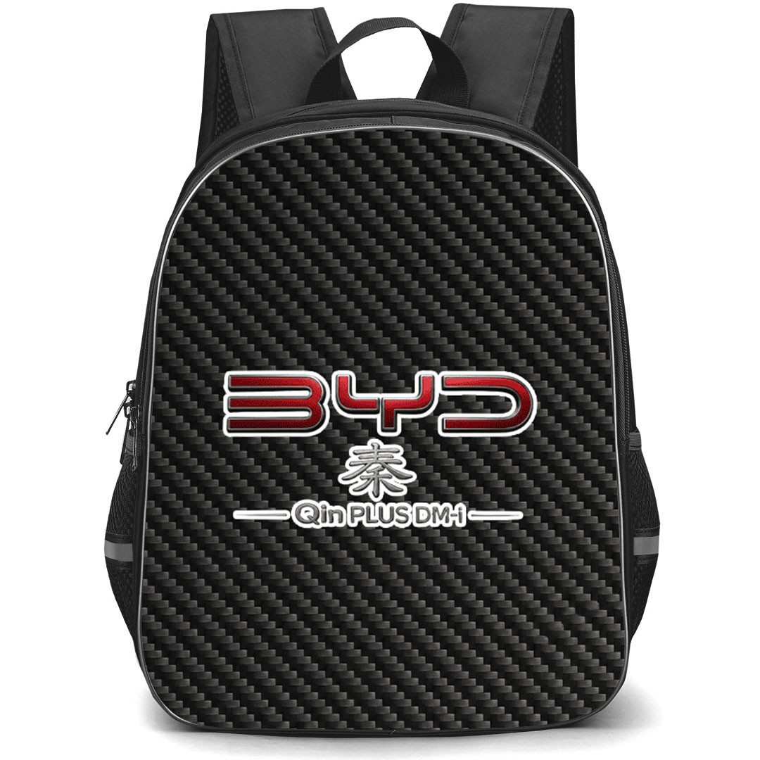 BYD Qin PLUS DM-i Backpack School Bag StudentPack - BYD Qin PLUS DM-i Logo On Traditional Black Charcoal Carbon Fiber Background