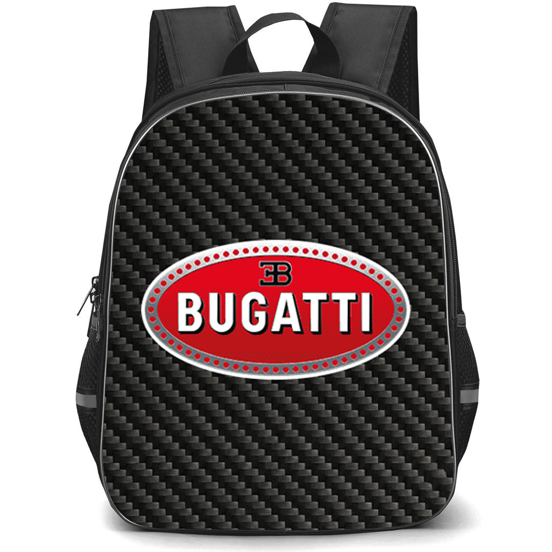 Bugatti Backpack School Bag StudentPack - Bugatti Logo On Traditional Black Charcoal Carbon Fiber Background