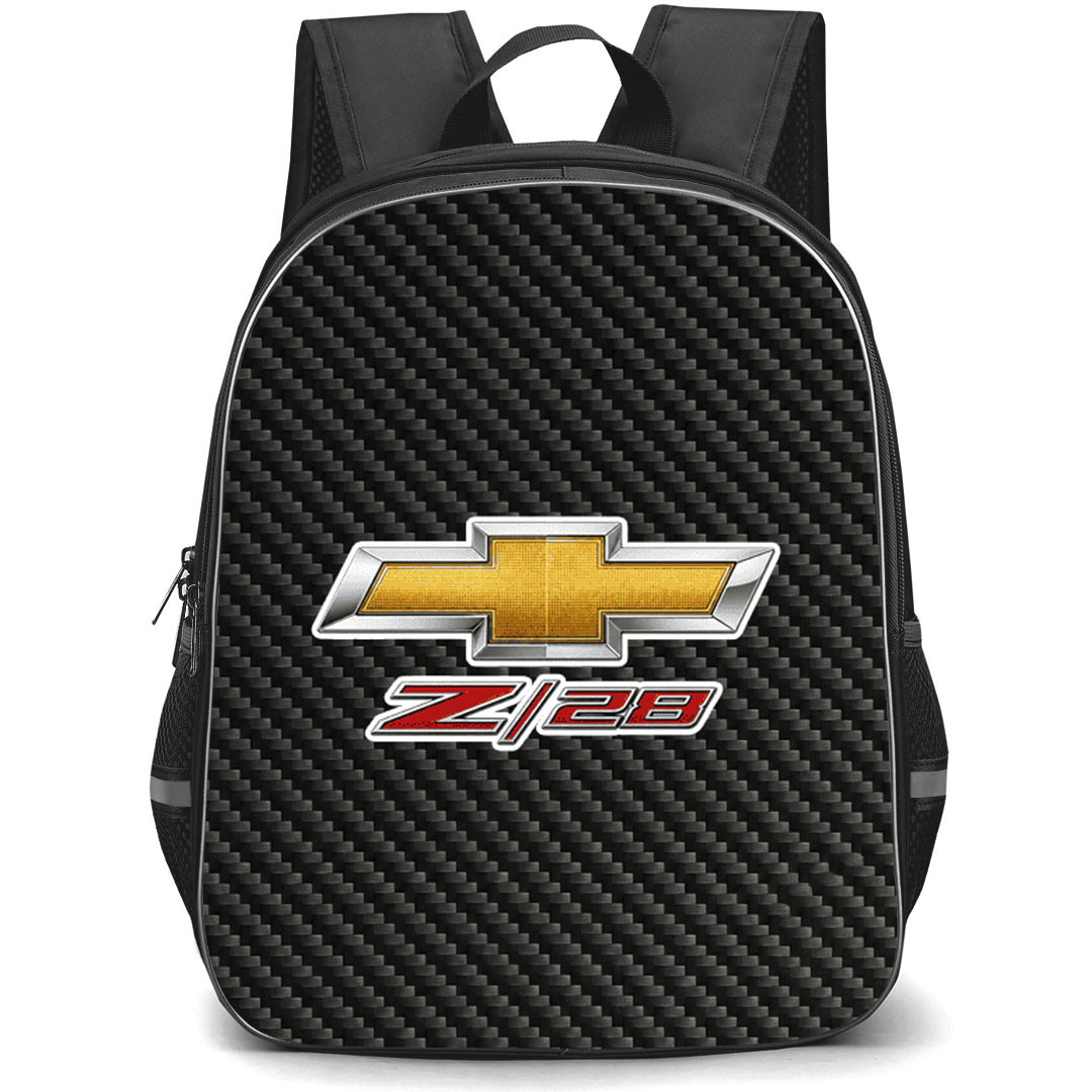 Chevrolet Camaro Z28 Backpack School Bag StudentPack - Chevrolet Camaro Z28 Logo On Traditional Black Charcoal Carbon Fiber Background
