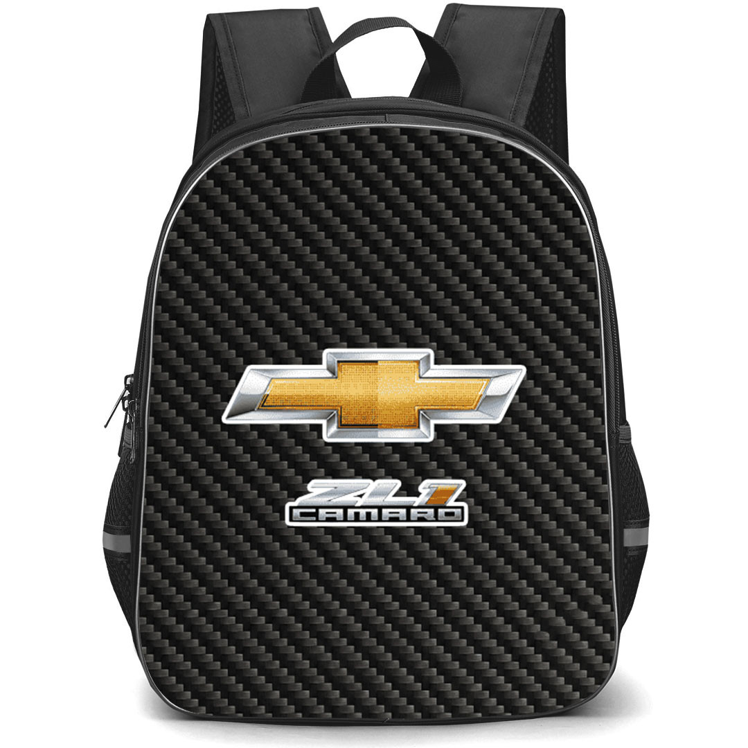 Chevrolet Camaro ZL1 Backpack School Bag StudentPack - Chevrolet Camaro ZL1 Logo On Traditional Black Charcoal Carbon Fiber Background