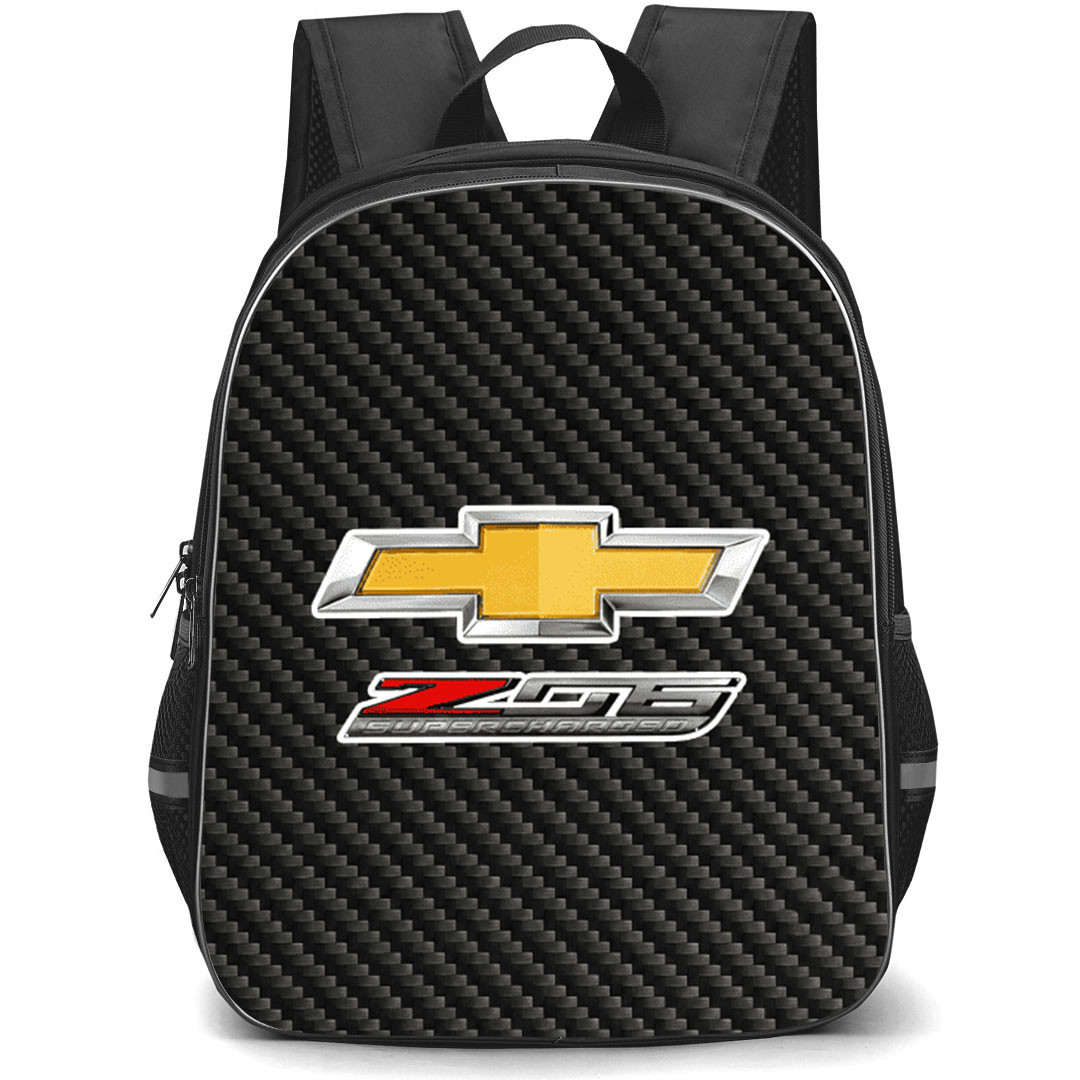 Chevrolet Corvette Z06 Backpack School Bag StudentPack - Chevrolet Corvette Z06 Logo On Traditional Black Charcoal Carbon Fiber Background