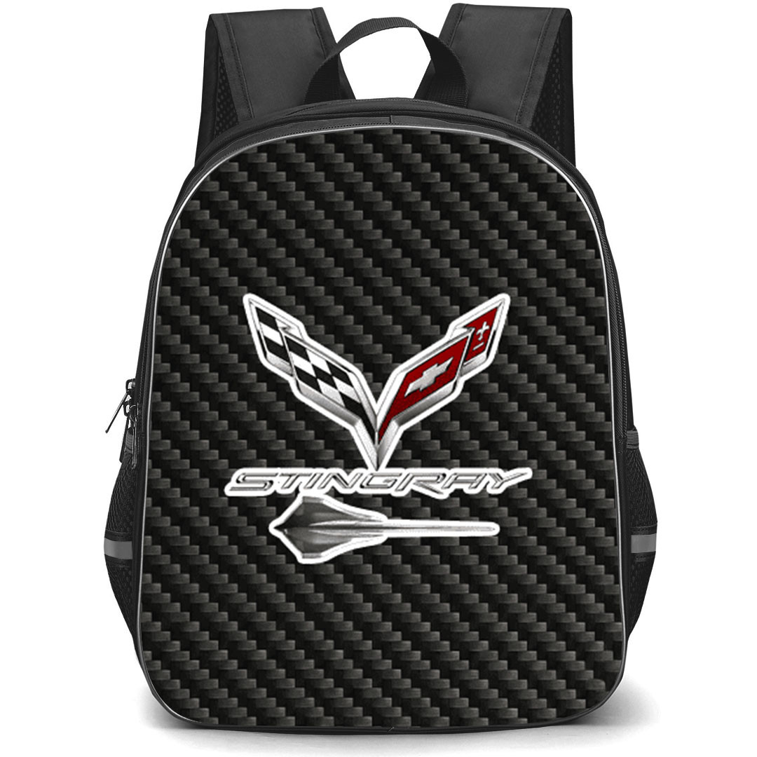 Chevrolet Corvette Stingray Backpack School Bag StudentPack - Chevrolet Corvette Stingray Logo On Traditional Black Charcoal Carbon Fiber Background