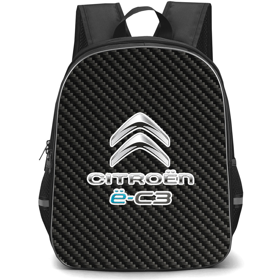 Citroen e-C3 Backpack School Bag StudentPack - Citroen e-C3 Logo On Traditional Black Charcoal Carbon Fiber Background