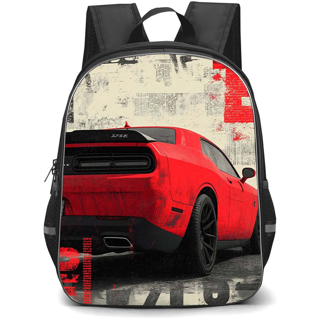 Dodge Challenger 392 Backpack School Bag StudentPack - Dodge Challenger 392 Red Muscle Rear View On Retro Newspaper Poster