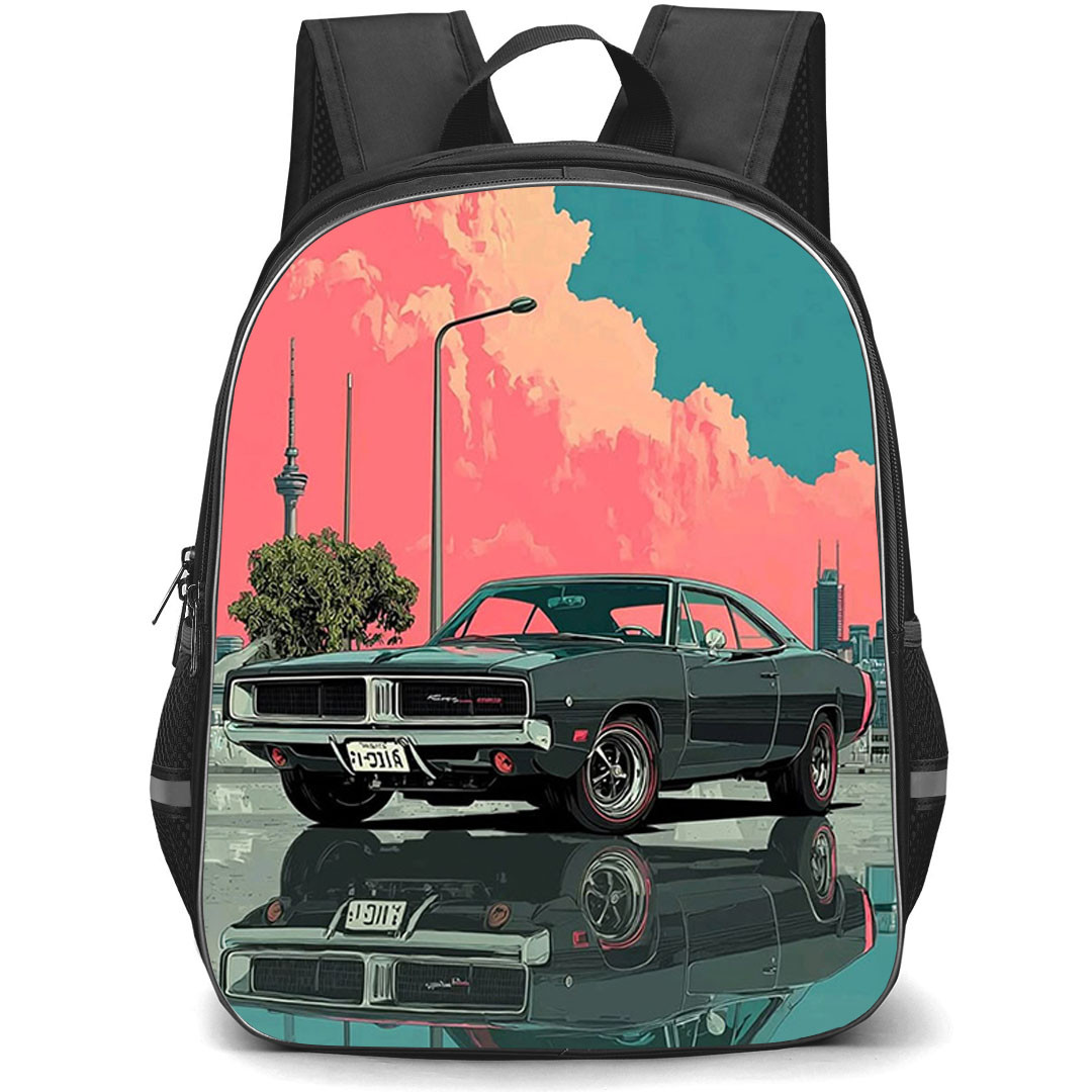 Dodge Charger Backpack School Bag StudentPack - Dodge Charger Classic Retro City Reflection Pink Sky Art Poster