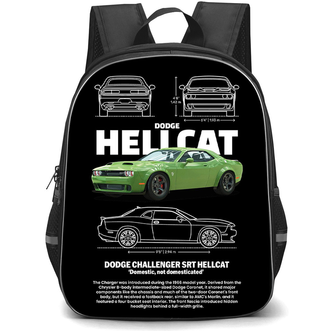 Dodge Challenger Hellcat Backpack School Bag StudentPack - Dodge Challenger Hellcat Green With Infographic Art On Black Background