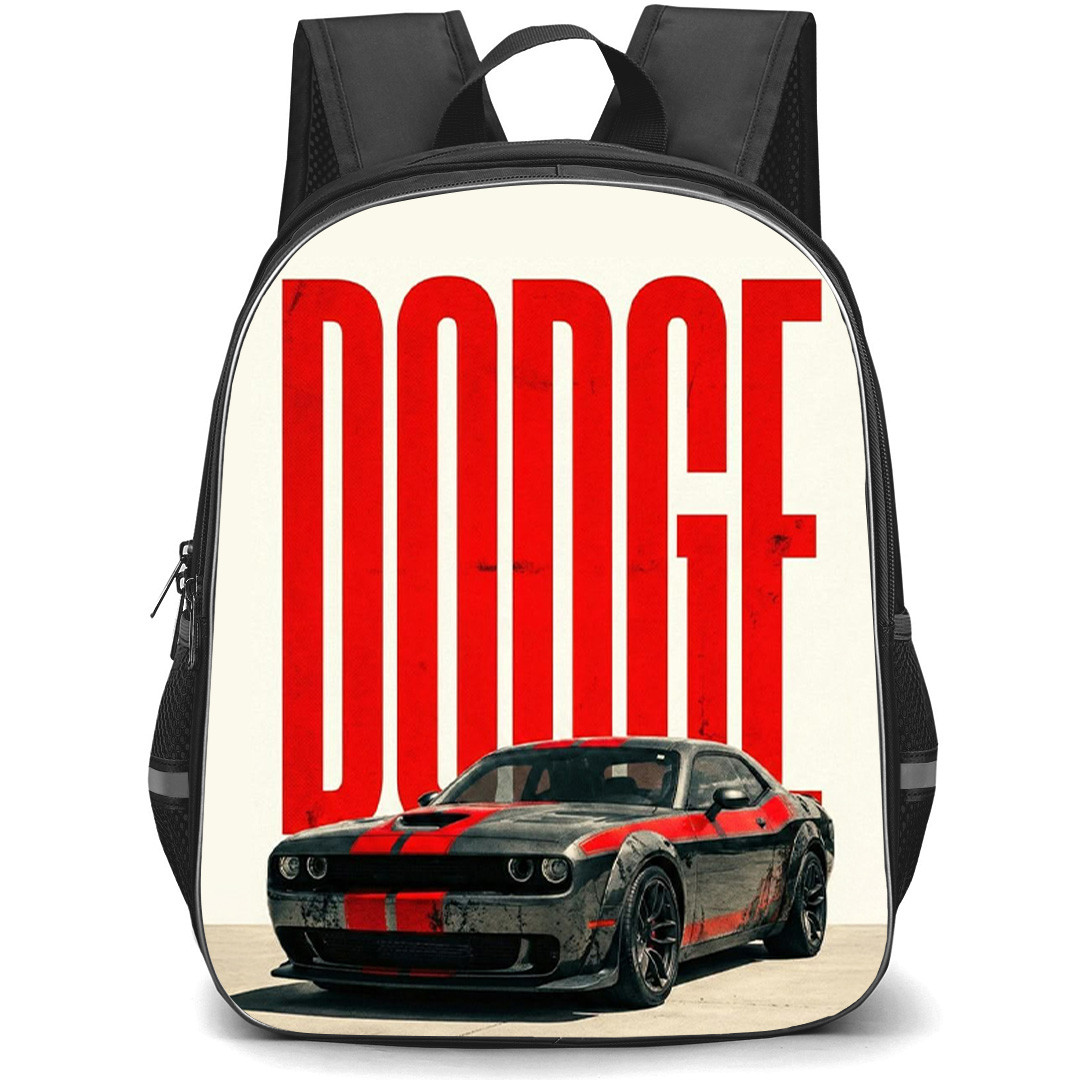 Dodge Challenger Backpack School Bag StudentPack - Dodge Challenger On Red Text Beige Background