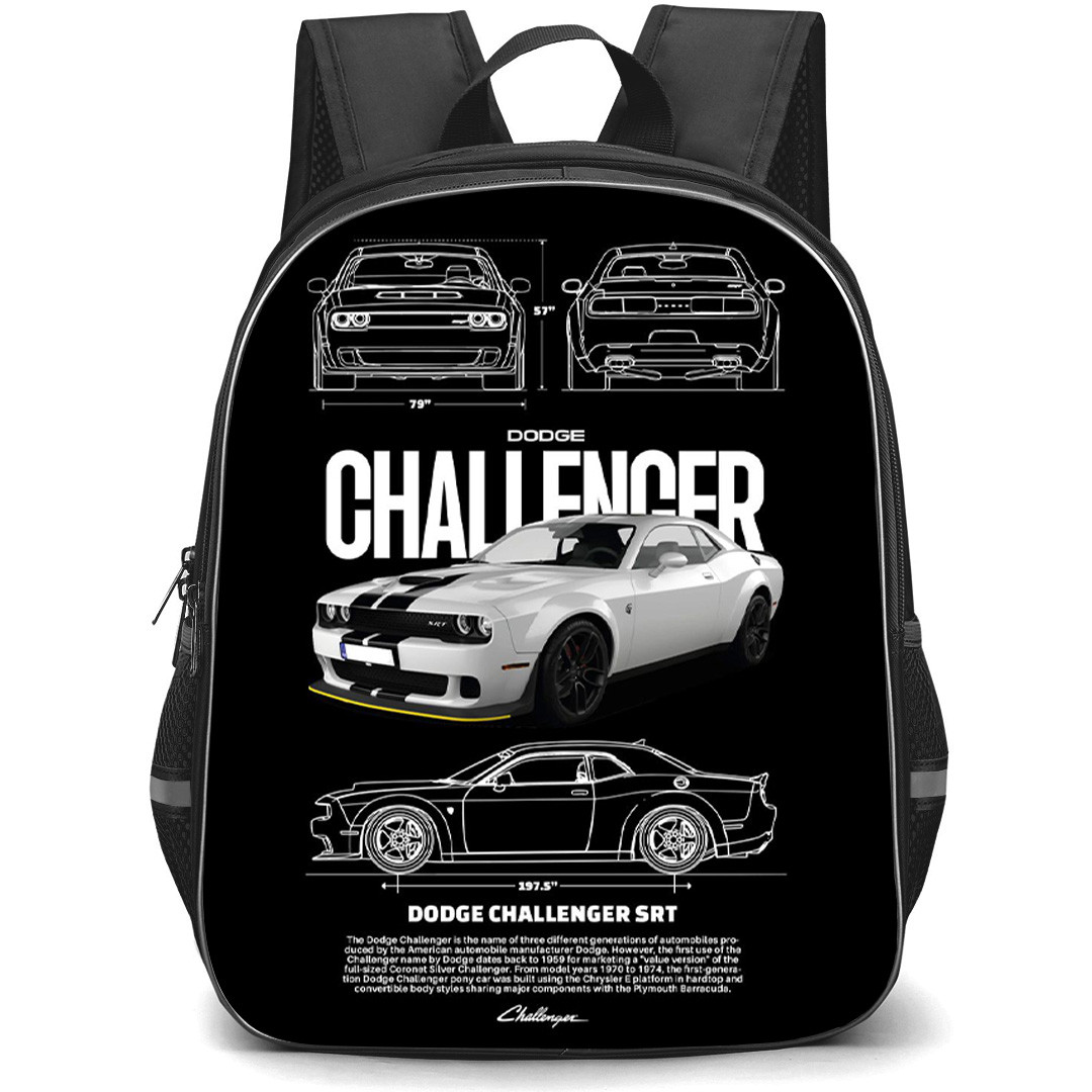 Dodge Challenger Backpack School Bag StudentPack - Dodge Challenger With Technical Drawings On Black Background
