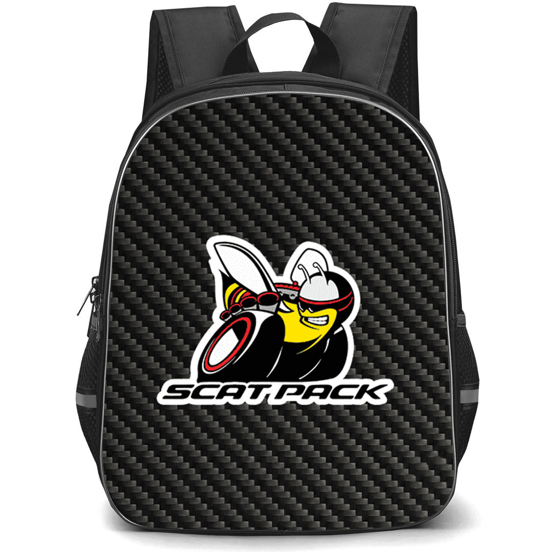 Dodge Challenger Scat Pack Backpack School Bag StudentPack - Dodge Challenger Scat Pack Logo On Traditional Black Charcoal Carbon Fiber Background