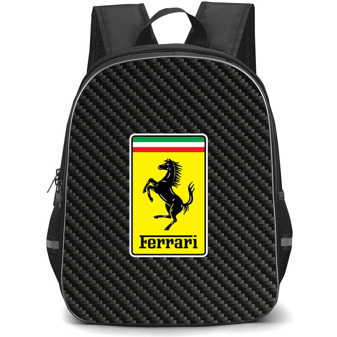Ferrari Backpack School Bag StudentPack - Ferrari Logo On Traditional Black Charcoal Carbon Fiber Background