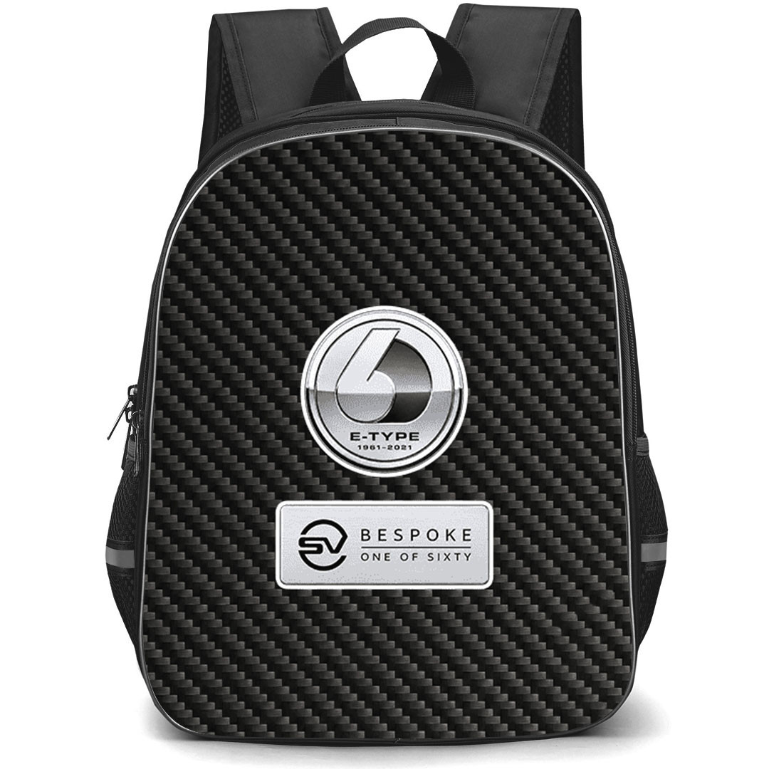 Jaguar F-Type Heritage 60 Edition Backpack School Bag StudentPack - Jaguar F-Type Heritage 60 Edition Logo On Traditional Black Charcoal Carbon Fiber Background
