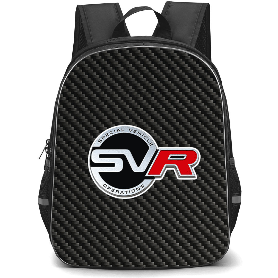 Jaguar F-Pace SVR Backpack School Bag StudentPack - Jaguar F-Pace SVR Logo On Traditional Black Charcoal Carbon Fiber Background