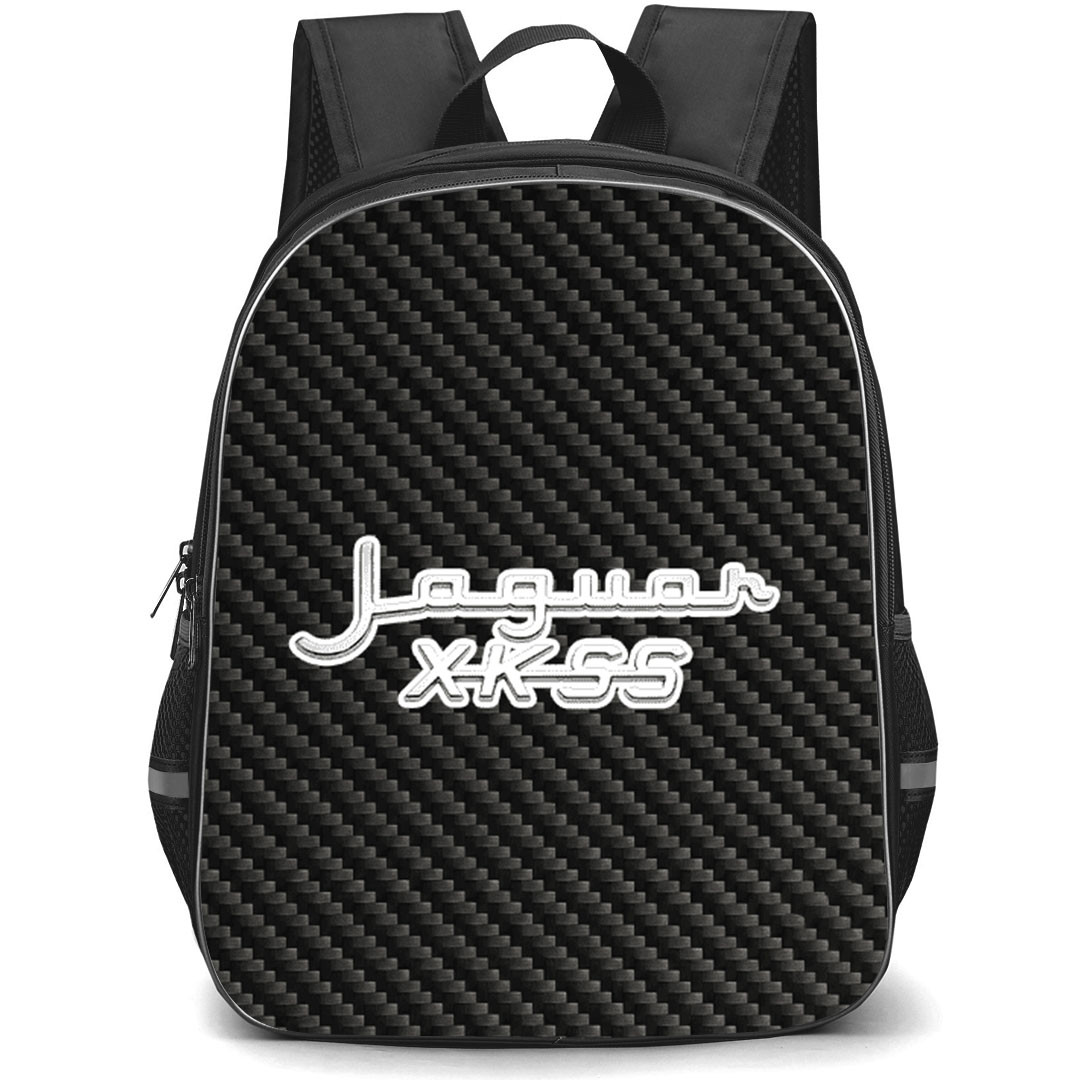 Jaguar XKSS Backpack School Bag StudentPack - Jaguar XKSS Logo On Traditional Black Charcoal Carbon Fiber Background
