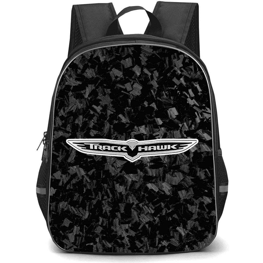 Jeep Grand Cherokee Trackhawk Backpack School Bag StudentPack - Jeep Grand Cherokee Trackhawk Logo On Forged Carbon Fiber Background