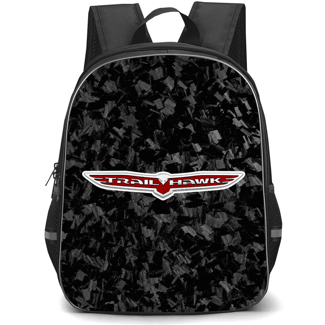 Jeep Cherokee Trailhawk Backpack School Bag StudentPack - Jeep Cherokee Trailhawk Logo On Forged Carbon Fiber Background