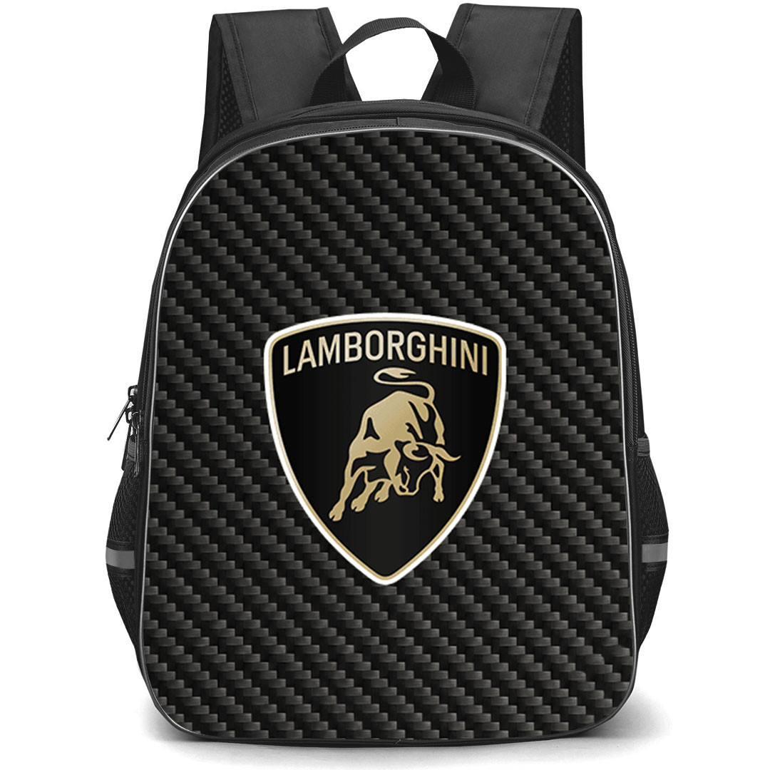Lamborghini Backpack School Bag StudentPack - Lamborghini Logo On Traditional Black Charcoal Carbon Fiber Background
