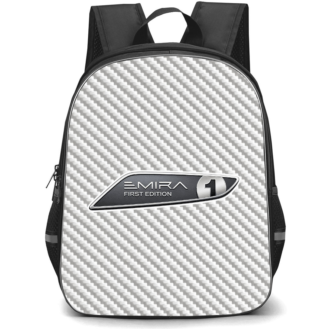 Lotus Emira First Edition Backpack School Bag StudentPack - Lotus Emira First Edition Logo On Silver Gray Carbon Fiber Background