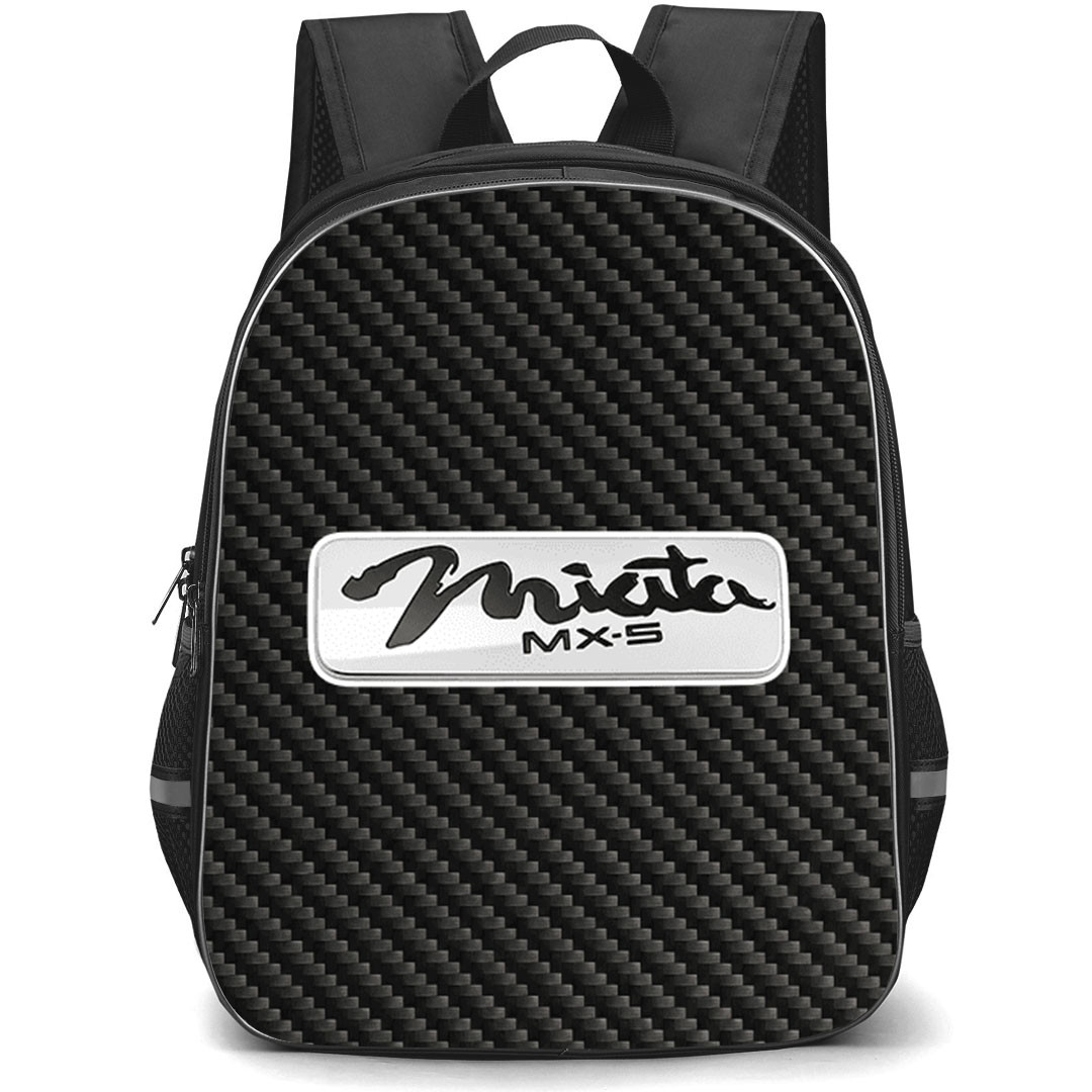 Mazda MX-5 Miata Backpack School Bag StudentPack - Mazda MX-5 Miata Logo On Traditional Black Charcoal Carbon Fiber Background