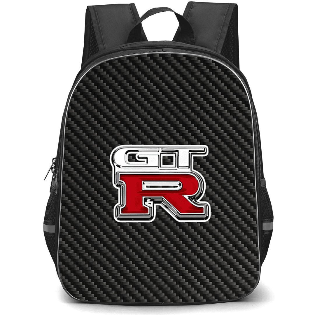 Nissan GT-R Backpack School Bag StudentPack - Nissan GT-R Logo On Traditional Black Charcoal Carbon Fiber Background