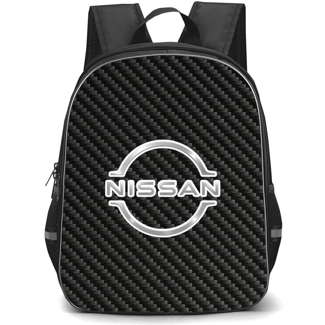 Nissan Backpack School Bag StudentPack - Nissan Logo On Traditional Black Charcoal Carbon Fiber Background
