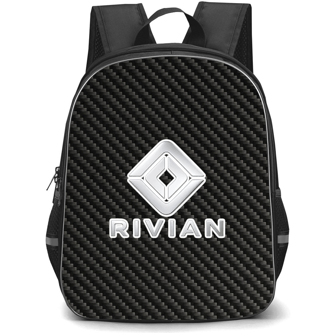 Rivian Backpack School Bag StudentPack - Rivian Logo On Traditional Black CharcoalCarbon Fiber Background