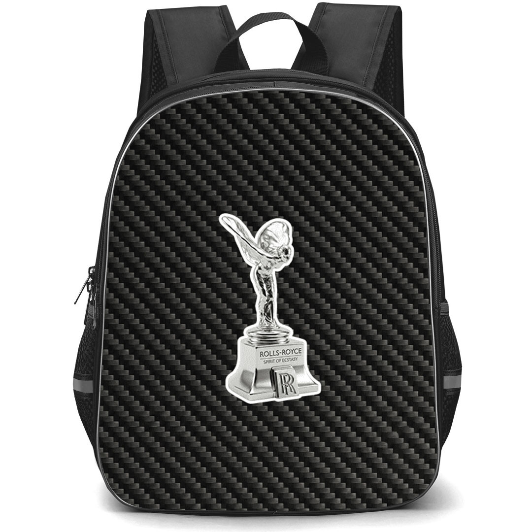 Rolls Royce Spirit of Ecstasy Backpack School Bag StudentPack - Rolls Royce Spirit of Ecstasy Logo On Traditional Black Charcoal Carbon Fiber Background