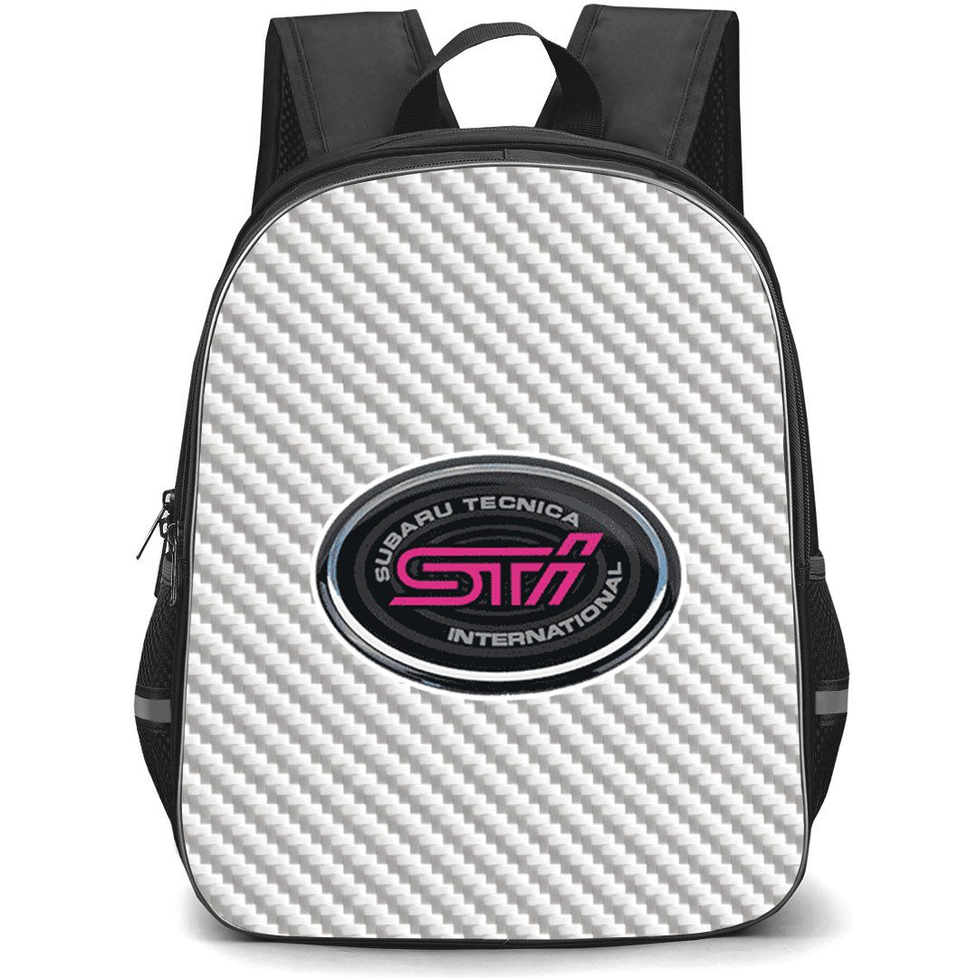 Subaru Impreza 22B Sti Backpack School Bag StudentPack - Subaru Impreza 22B Sti Logo On Silver Gray Carbon Fiber Background