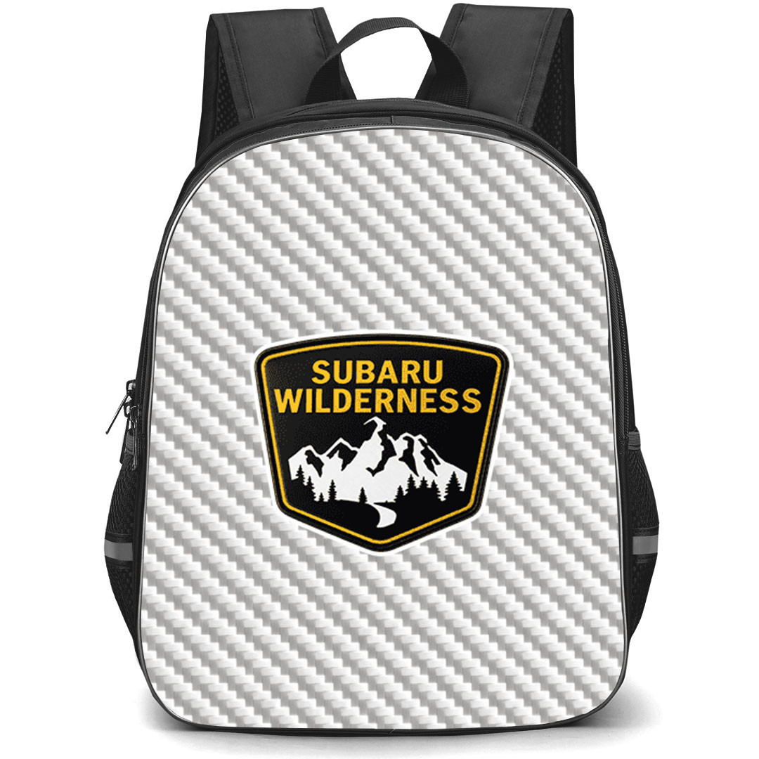 Subaru Crosstrek Wilderness Backpack School Bag StudentPack - Subaru Crosstrek Wilderness Logo On Silver Gray Carbon Fiber Background